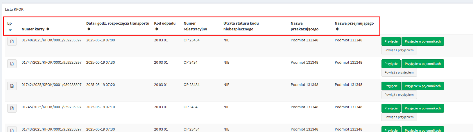 Sortowanie nagłówków w zakładce KPO/K